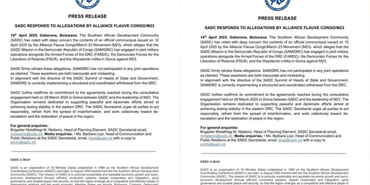 SADC Denies M23 Rebel Allegations of Collusion in Goma Attacks