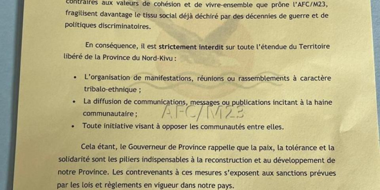 M23/AFC Rebels Ban Ethnic Gatherings in North Kivu