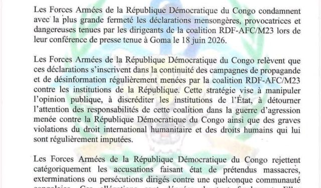 FARDC Rejects M23/AFC Claims of Civilian Massacres in Eastern DRC