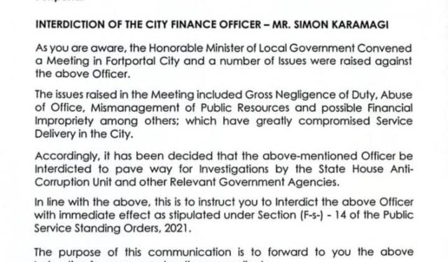 Fort Portal City Finance Officer Interdicted over Alleged Mismanagement of Public Resources